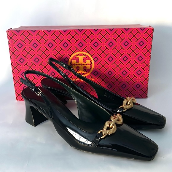 Tory Burch JESSA SLINGBACK HEEL in Perfect Black Patent Leather 8 NWT $378 - Picture 7 of 16